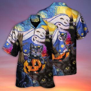 Halloween Black Cat Starry Night Funny Cat Painting Art Style - Hawaiian Shirt - Owl Ohh - Owl Ohh