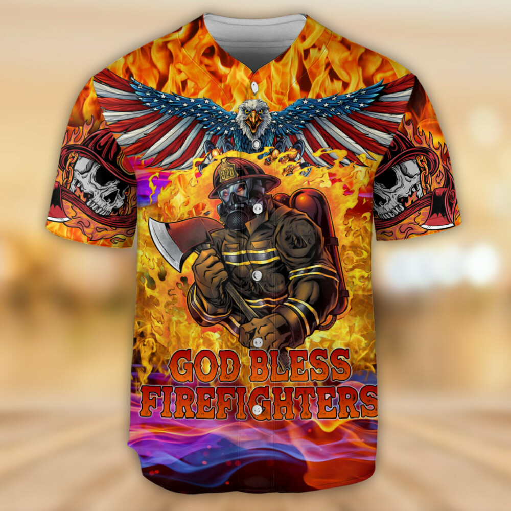 Firefighter God Bless Firefighter Skull - Baseball Jersey - Owl Ohh - Owl Ohh