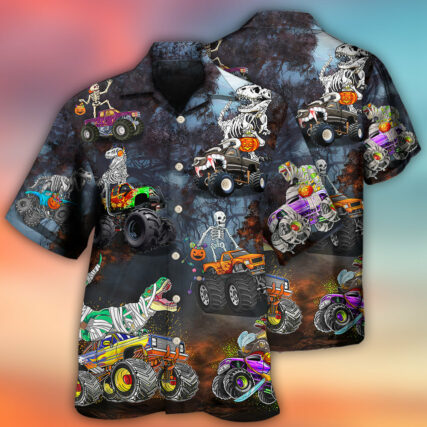 Halloween Skeleton Dinosaur Driving Monster Truck - Hawaiian Shirt - Owl Ohh - Owl Ohh