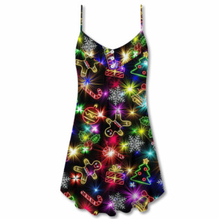 Christmas With Tree And Gift Cookies Gingerbread Man Neon Style - V-neck Sleeveless Cami Dress - Owl Ohh - Owl Ohh