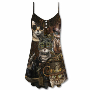 Cat Streampunk Vintage Style - V-neck Sleeveless Cami Dress - Owl Ohh - Owl Ohh