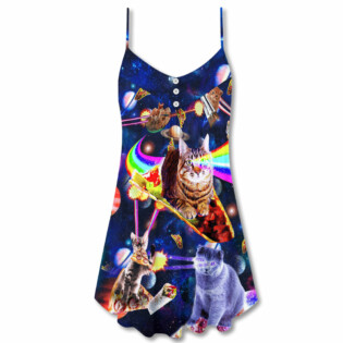 Cat Ride Food In Space Galaxy - V-neck Sleeveless Cami Dress - Owl Ohh - Owl Ohh