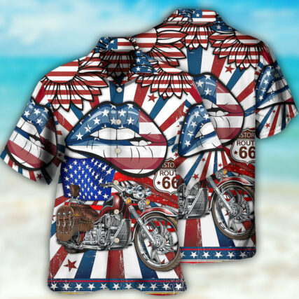 America Patriotic Motorcycle Sexy Lips - Hawaiian Shirt - Owl Ohh - Owl Ohh
