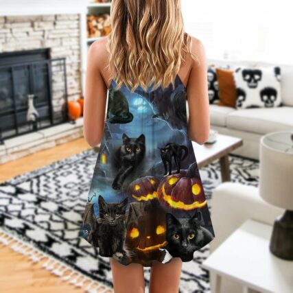 Halloween Black Cat Dark Night Style - V-neck Sleeveless Cami Dress - Owl Ohh - Owl Ohh