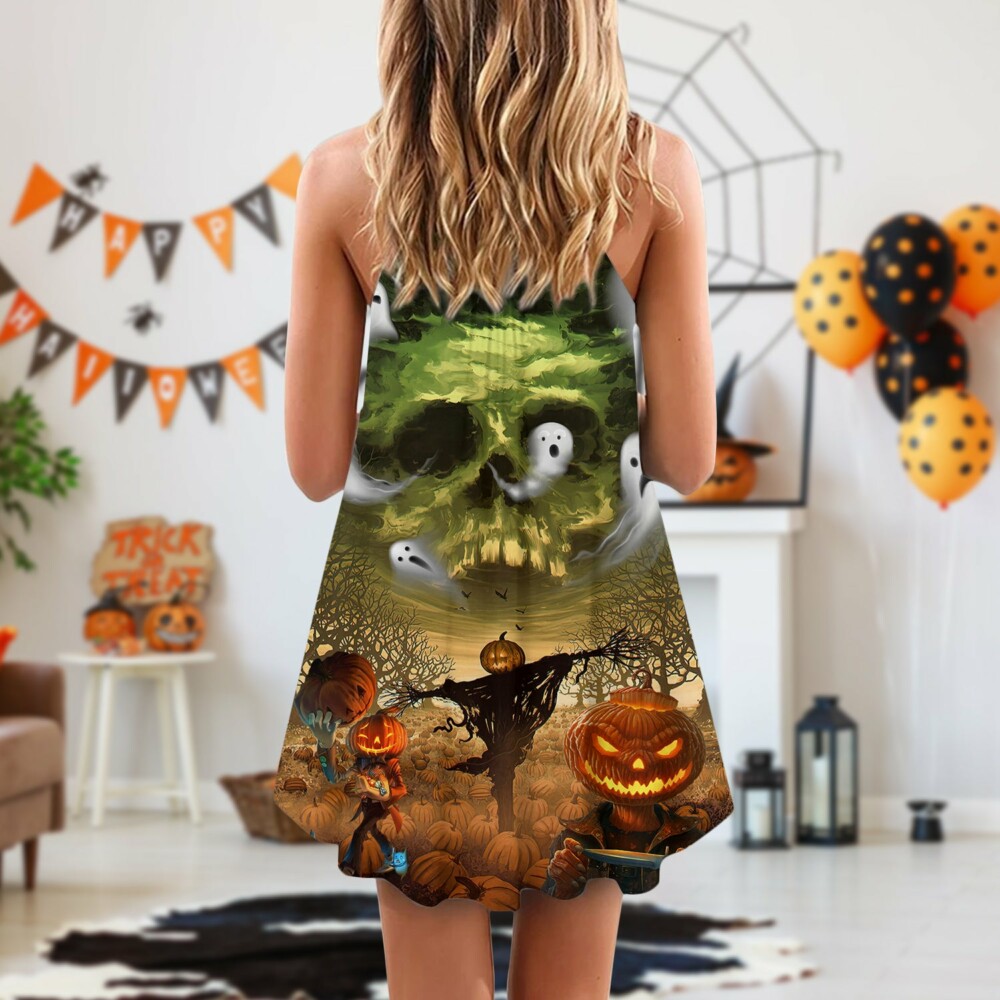 Halloween Pumpkin Crazy Ghost Style - V-neck Sleeveless Cami Dress - Owl Ohh - Owl Ohh