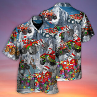Christmas Santa Claus Riding Red Truck Snow Mountain Art Style - Hawaiian Shirt - Owl Ohh - Owl Ohh