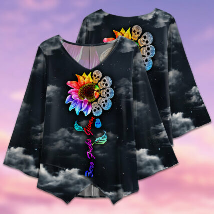 Skull Sunflower Colorful Sky Night - V-neck T-shirt - Owl Ohh - Owl Ohh