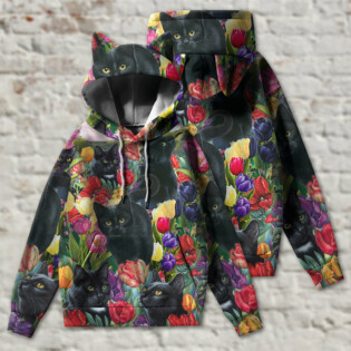 Black Cat Love Flowers Color - Ears Hoodie - Owl Ohh - Owl Ohh