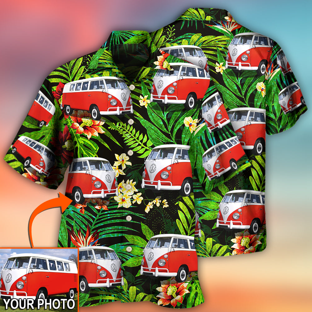 Hippie Van Volkswagen Camper Van Tropical Flower Custom Photo - Hawaiian Shirt - Owl Ohh - Owl Ohh