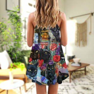 Black Cat Art With Flowers - V-neck Sleeveless Cami Dress - Owl Ohh - Owl Ohh