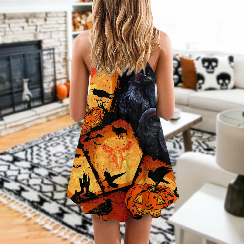 Halloween Raven Pumpkin Scary - V-neck Sleeveless Cami Dress - Owl Ohh - Owl Ohh