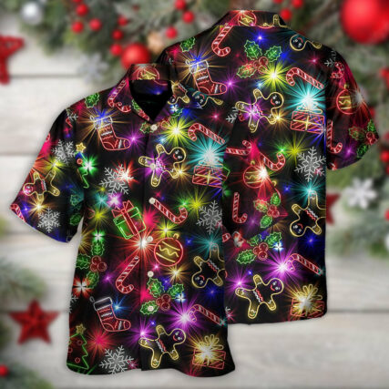 Christmas With Tree And Gift Cookies Gingerbread Man Neon Style - Hawaiian Shirt - Owl Ohh for men and women, kids - Owl Ohh