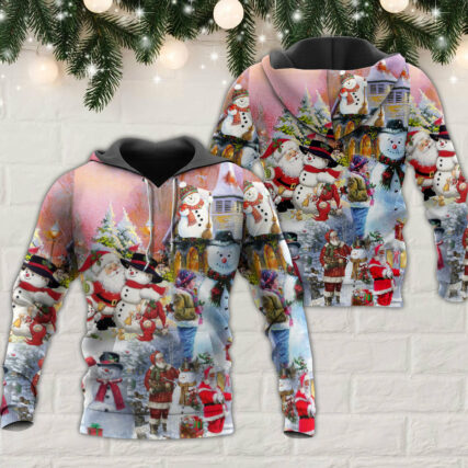 Santa And Snowman Christmas Snow Village - Hoodie - Owl Ohh - Owl Ohh