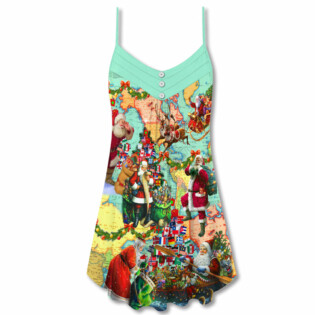 Christmas Love Santa World Map - V-neck Sleeveless Cami Dress - Owl Ohh - Owl Ohh