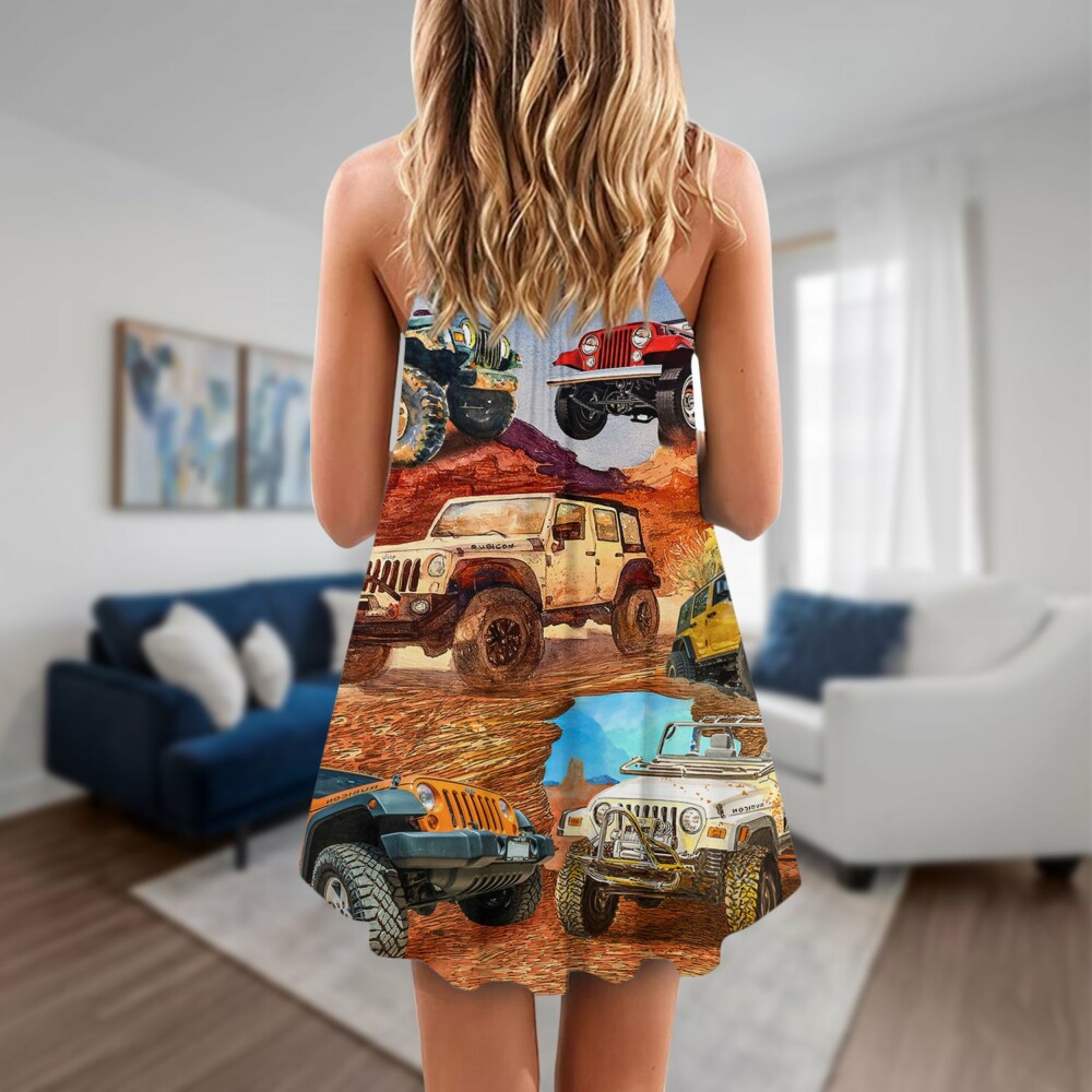 Jeep In The Desert Vintage Art Style - V-neck Sleeveless Cami Dress - Owl Ohh - Owl Ohh