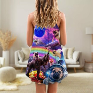 Pug Dog Galaxy Rainbow Star T-Rex Style - V-neck Sleeveless Cami Dress - Owl Ohh - Owl Ohh