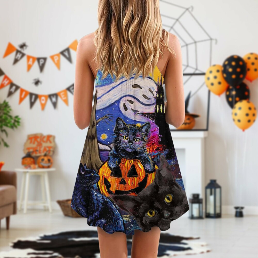 Halloween Black Cat Starry Night Funny Cat Painting Art Style - V-neck Sleeveless Cami Dress - Owl Ohh - Owl Ohh