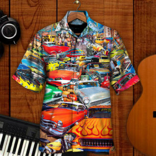 Car Retro Guitar Palm Trees - Hawaiian Shirt - Owl Ohh - Owl Ohh