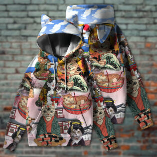 Cat Samurai With Ramen - Ears Hoodie - Owl Ohh - Owl Ohh