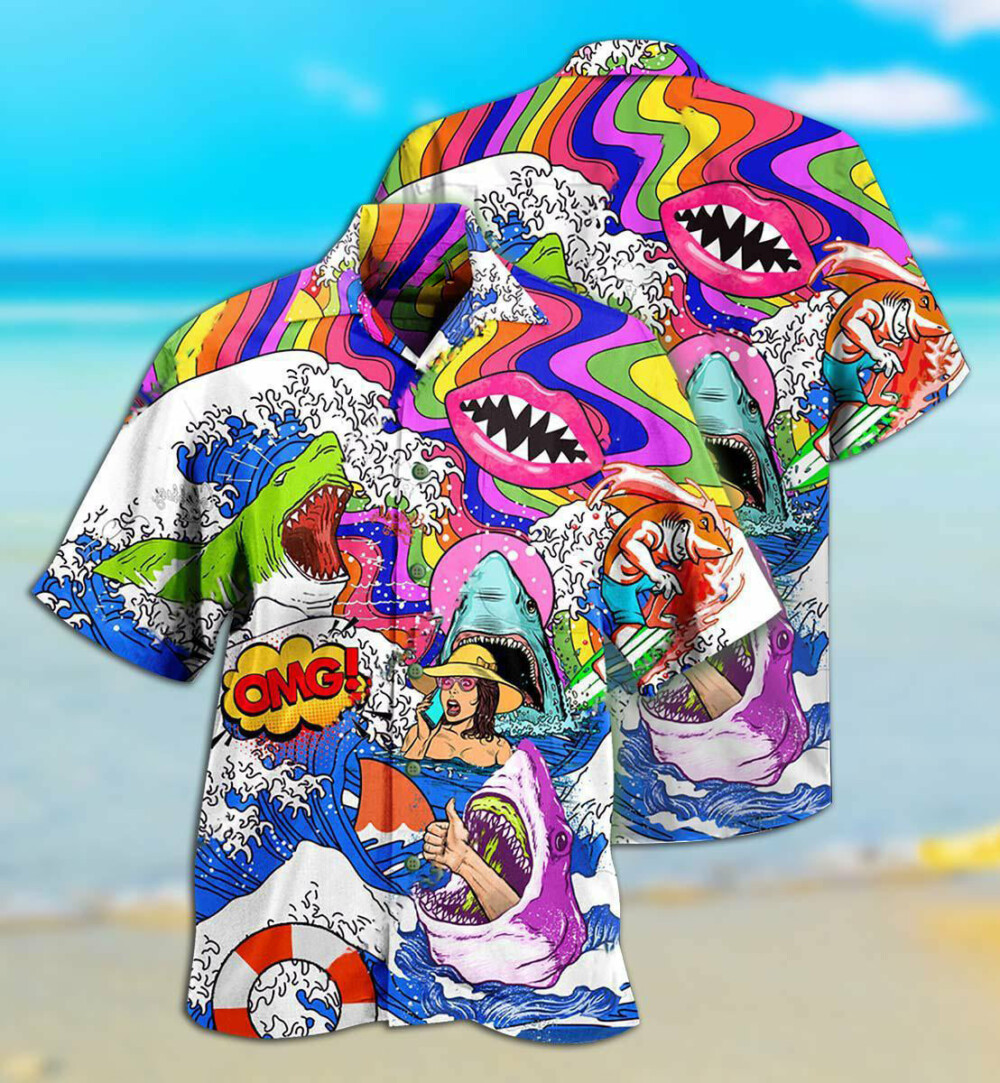 Hippie Shark Hippie Shark And Girl - Hawaiian Shirt - Owl Ohh - Owl Ohh