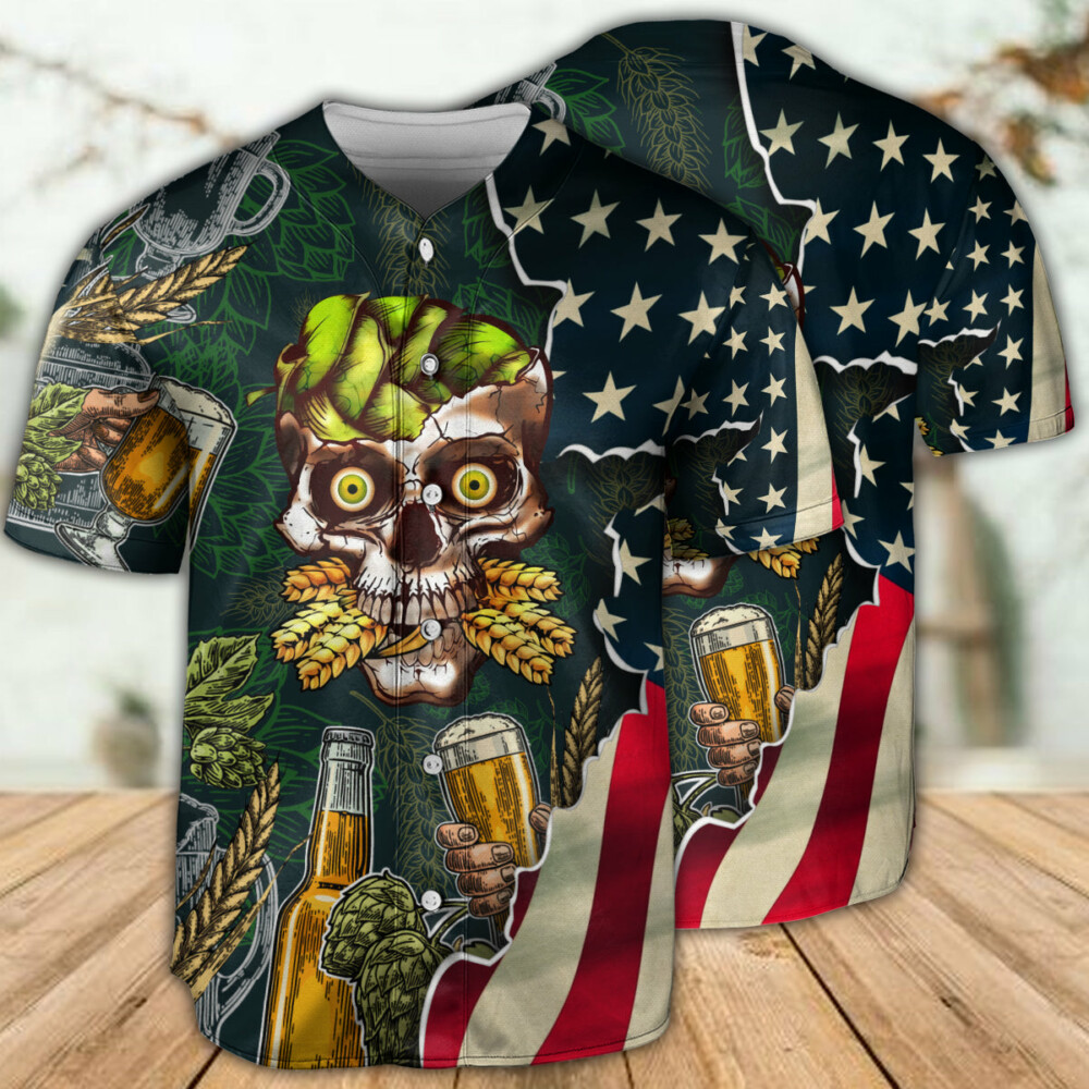 Skull Love Beer Life American Flag - Baseball Jersey - Owl Ohh - Owl Ohh