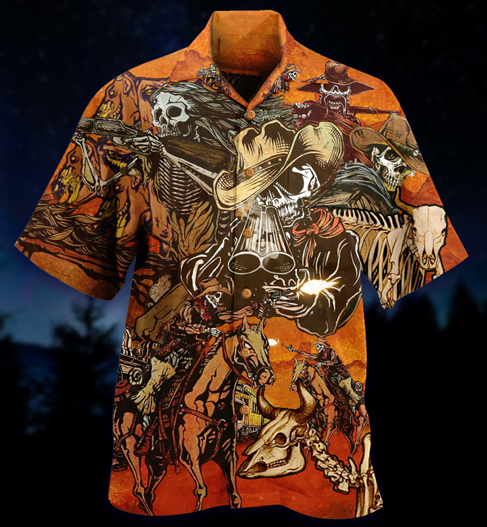 Cowboy Skull War Orange - Hawaiian Shirt - Owl Ohh - Owl Ohh