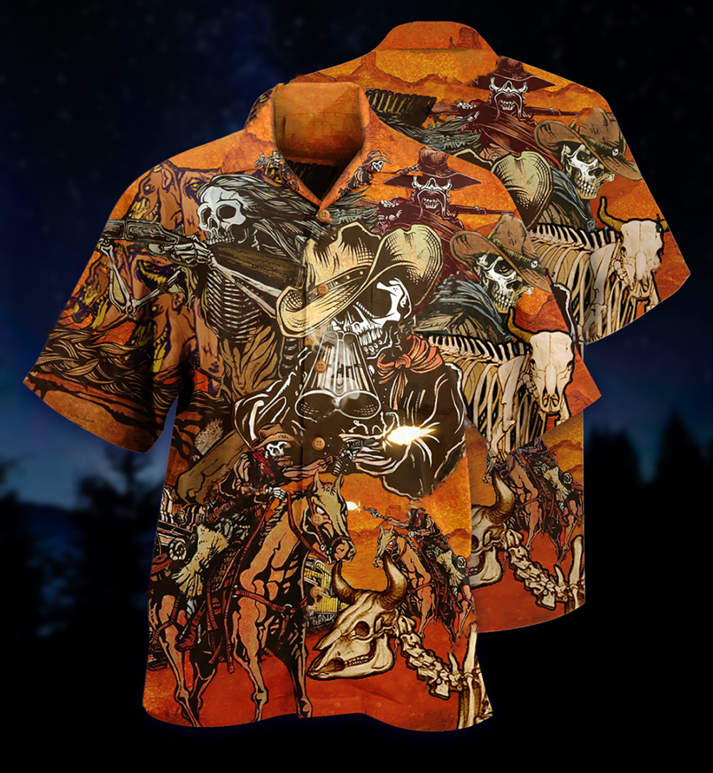 Cowboy Skull War Orange - Hawaiian Shirt - Owl Ohh - Owl Ohh