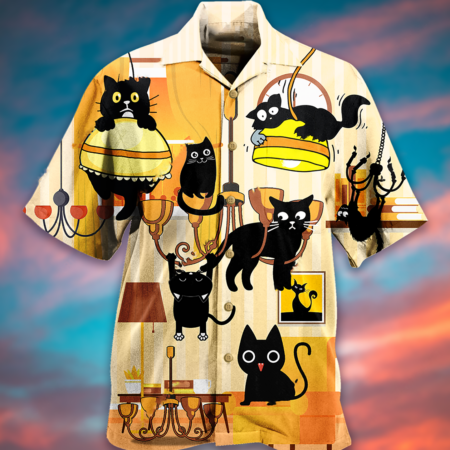 Black Cat Yellow Dinner Style - Hawaiian Shirt - Owl Ohh - Owl Ohh