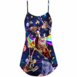 Cat Ride Food In Space Galaxy - V-neck Sleeveless Cami Dress - Owl Ohh - Owl Ohh