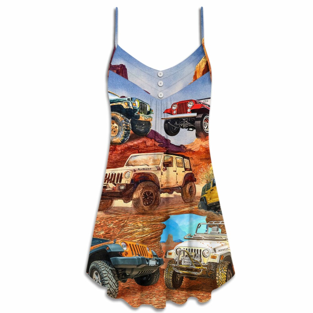 Jeep In The Desert Vintage Art Style - V-neck Sleeveless Cami Dress - Owl Ohh - Owl Ohh