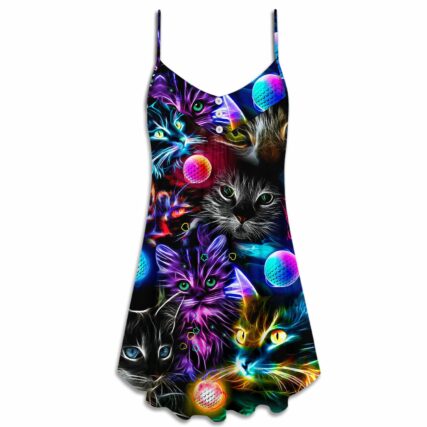 Cat Play Golf Neon Lightning Colorful Style - V-neck Sleeveless Cami Dress - Owl Ohh - Owl Ohh