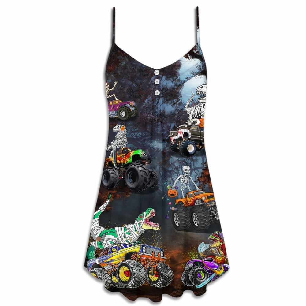 Halloween Skeleton Dinosaur Driving Monster Truck - V-neck Sleeveless Cami Dress - Owl Ohh - Owl Ohh