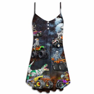 Halloween Skeleton Dinosaur Driving Monster Truck - V-neck Sleeveless Cami Dress - Owl Ohh - Owl Ohh