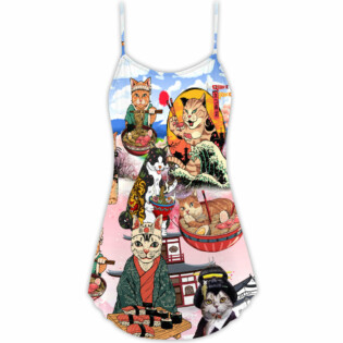 Cat Samurai With Ramen Lovely - V-neck Sleeveless Cami Dress - Owl Ohh - Owl Ohh