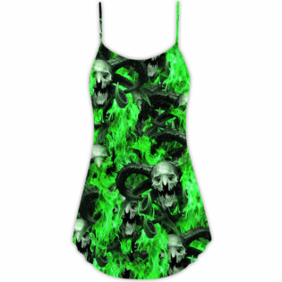Skull Green Flame Burn - V-neck Sleeveless Cami Dress - Owl Ohh - Owl Ohh