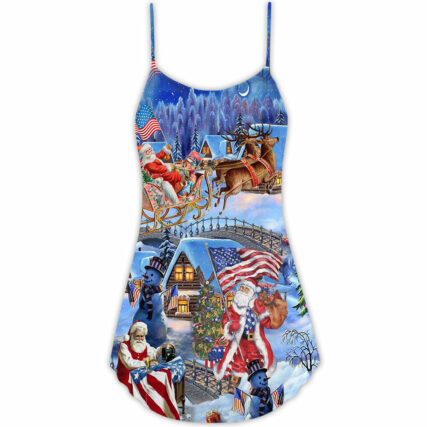 Christmas America Patriotic Santa Claus - V-neck Sleeveless Cami Dress - Owl Ohh - Owl Ohh