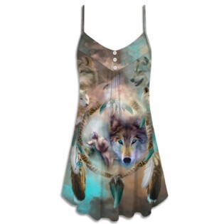 Native American Wolf Dream Catcher Art Style - V-neck Sleeveless Cami Dress - Owl Ohh - Owl Ohh