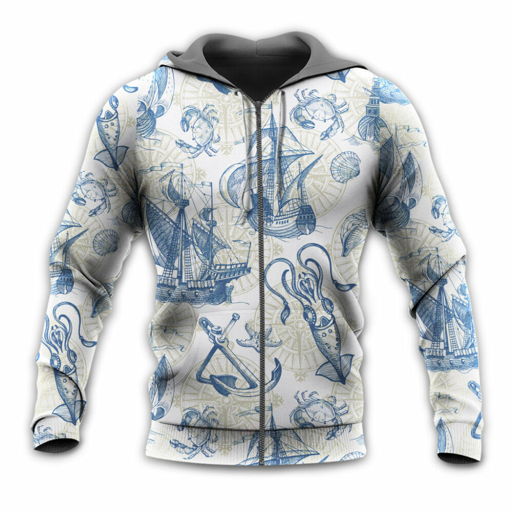 Ocean Life Vintage Sailboat Sea Monster Geographical Maps - Hoodie - Owl Ohh - Owl Ohh
