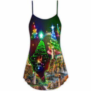 Christmas Lighthouse And Merry Christmas Happy - V-neck Sleeveless Cami Dress - Owl Ohh - Owl Ohh