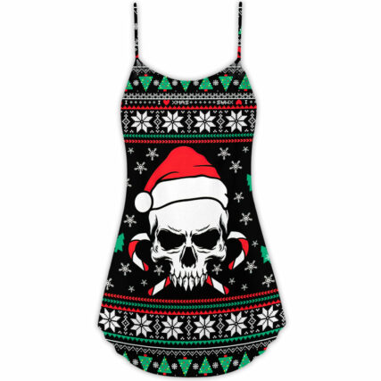 Christmas Skull Wearing Santa Claus Hat And Sweat Candy - V-neck Sleeveless Cami Dress - Owl Ohh - Owl Ohh