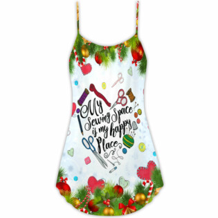Christmas Sewing Machine My Sewing Space Is My Happy Place - V-neck Sleeveless Cami Dress - Owl Ohh - Owl Ohh
