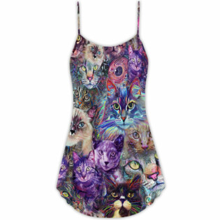 Cat Psychedelic Purple Style - V-neck Sleeveless Cami Dress - Owl Ohh - Owl Ohh