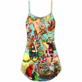 Christmas Love Santa World Map - V-neck Sleeveless Cami Dress - Owl Ohh - Owl Ohh