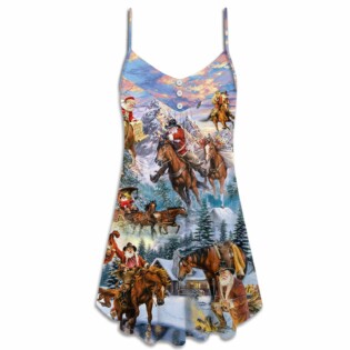 Christmas Santa Claus Riding Horse Snow Mountain - V-neck Sleeveless Cami Dress - Owl Ohh - Owl Ohh