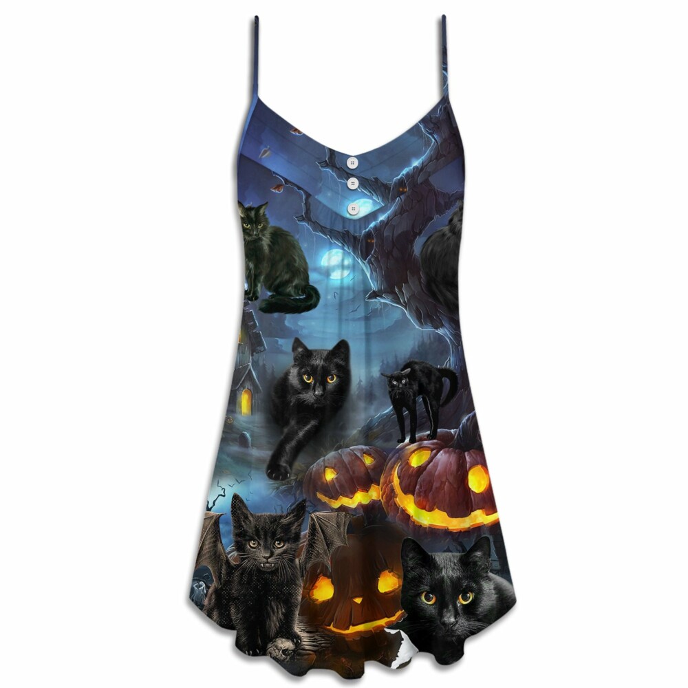Halloween Black Cat Dark Night Style - V-neck Sleeveless Cami Dress - Owl Ohh - Owl Ohh