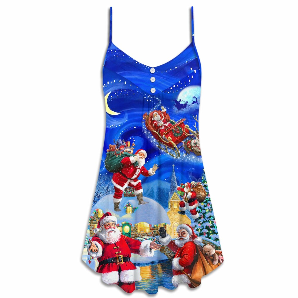 Christmas Santa Claus In The Town Magic Night Art Style - V-neck Sleeveless Cami Dress - Owl Ohh - Owl Ohh