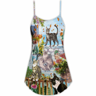 Cat Loves Home And Loves Summer - V-neck Sleeveless Cami Dress - Owl Ohh - Owl Ohh