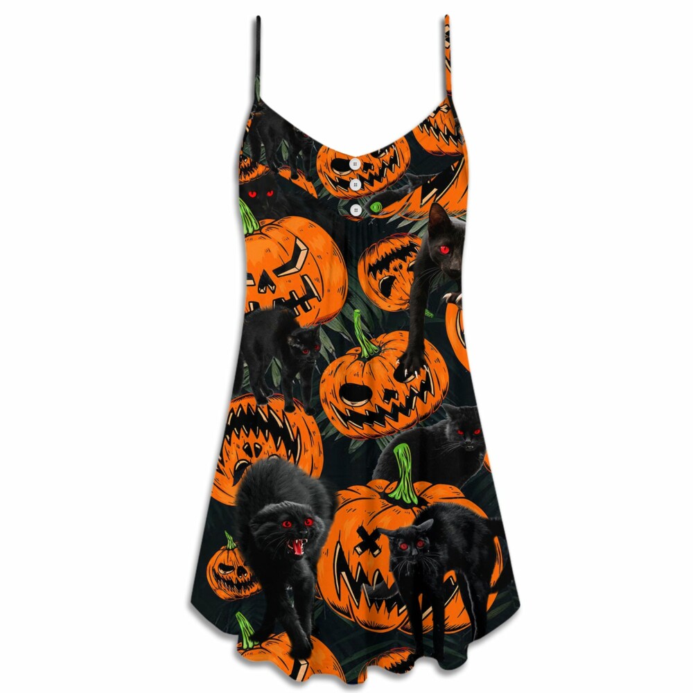 Halloween Black Cat Pumpkin Scary Tropical - V-neck Sleeveless Cami Dress - Owl Ohh - Owl Ohh