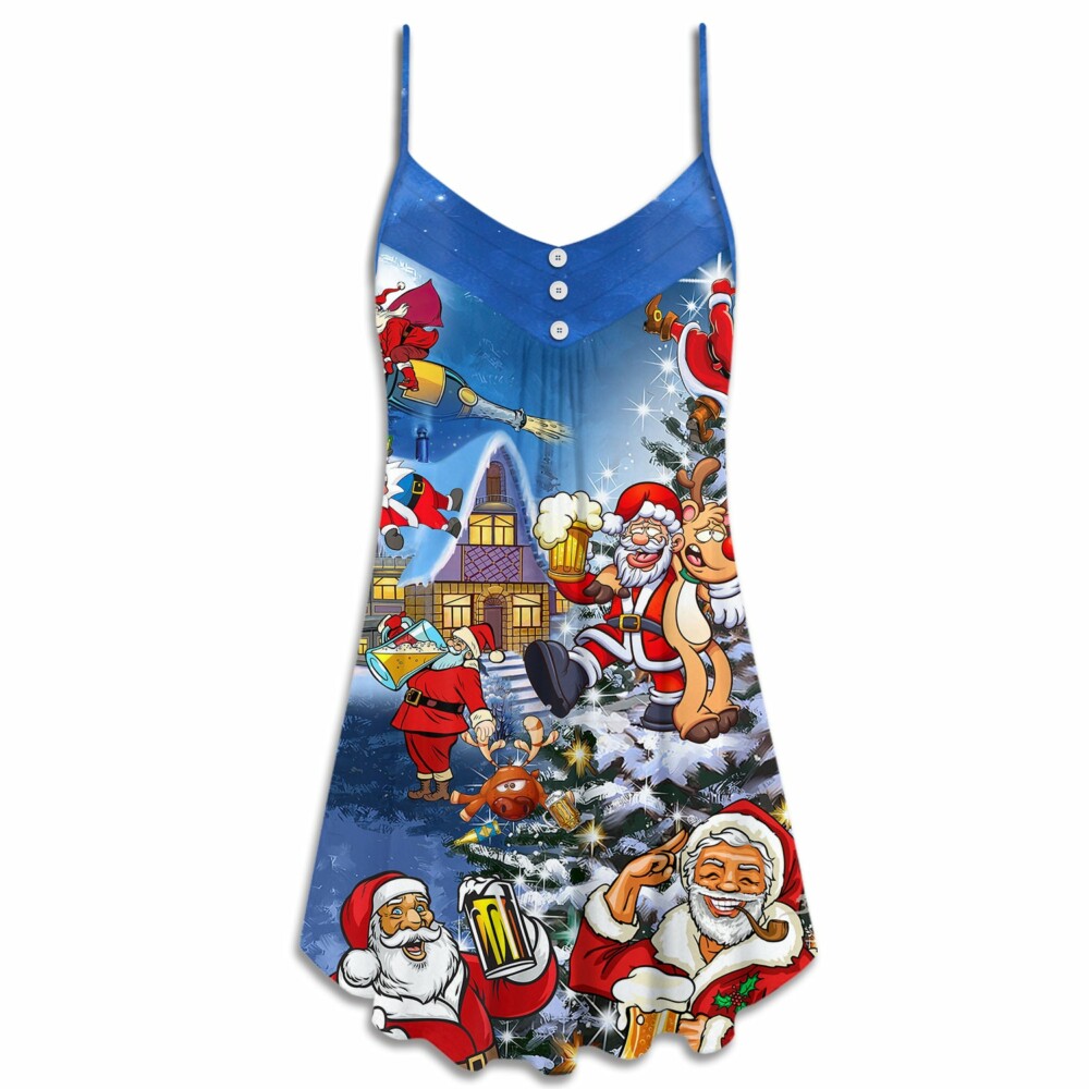Christmas Funny Santa Claus Drinking Beer Troll Xmas - V-neck Sleeveless Cami Dress - Owl Ohh - Owl Ohh