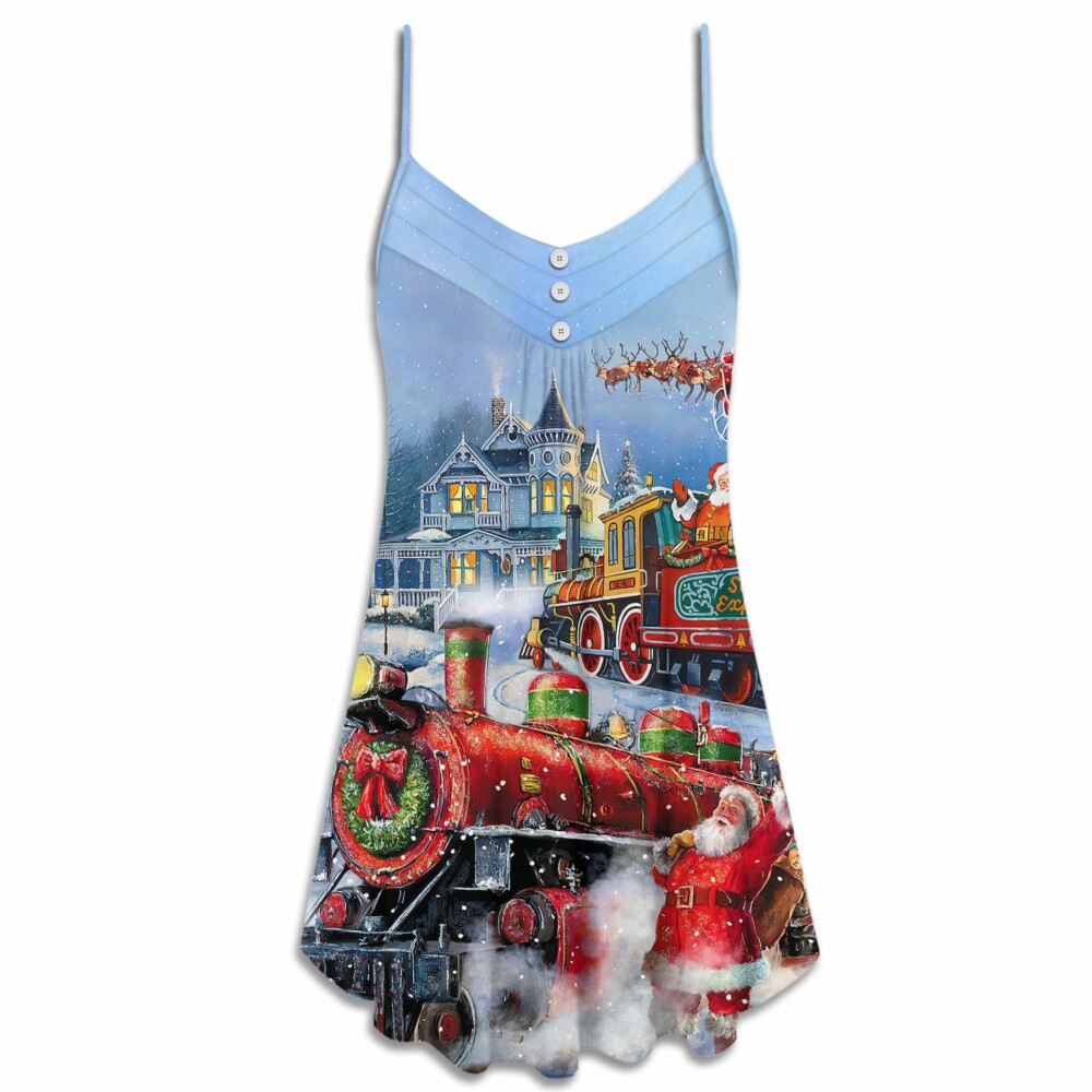 Christmas Santa Claus Train Gift For Xmas Painting Style - V-neck Sleeveless Cami Dress - Owl Ohh - Owl Ohh